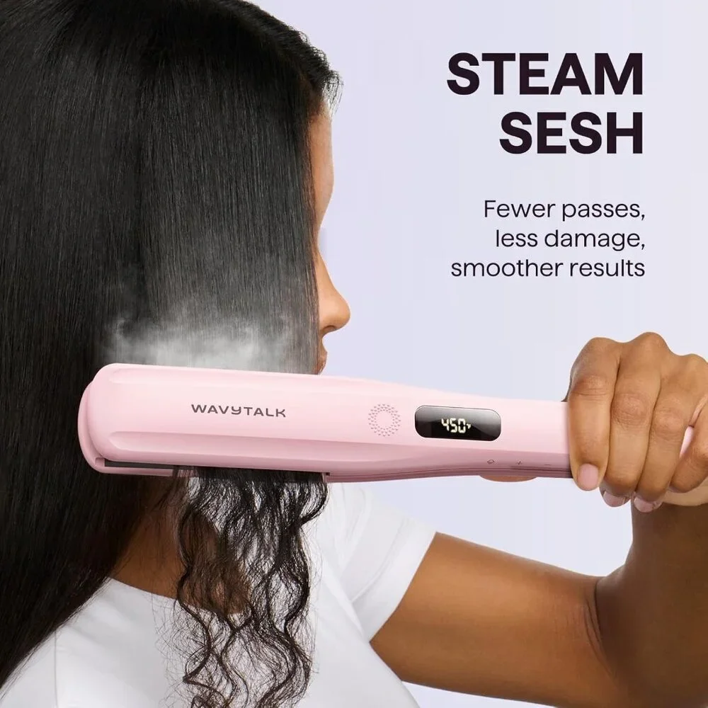 Steam Hair Straightener Titanium Flat Iron with Detachable Comb Pink - Picture 2 of 7
